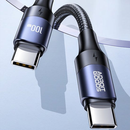 Duurzaam gevlochten USB-C-kabel met 100W capaciteit en metalen behuizingen in blauw zwart