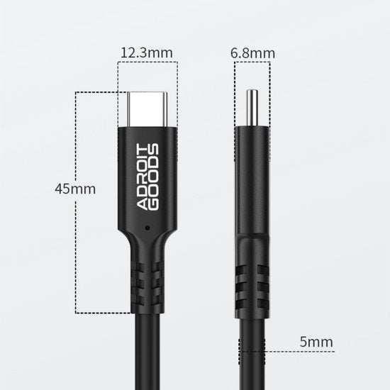 Zwarte kabel met USB-C en ronde connector, afmetingen 45mm, 12,3mm, 6,8mm en 5mm zichtbaar.