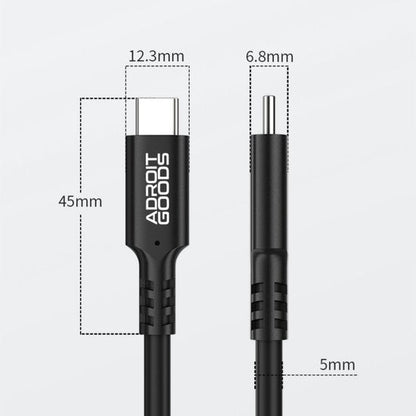 Zwarte kabel met USB-C en ronde connector, afmetingen 45mm, 12,3mm, 6,8mm en 5mm zichtbaar.