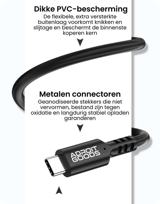 Flexibele zwarte kabel met PVC-bescherming en metalen geanodiseerde connector voor duurzaamheid