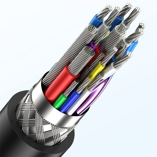 doorsnede van een kabel met meerdere gekleurde metalen draden en isolatie lagen zichtbaar