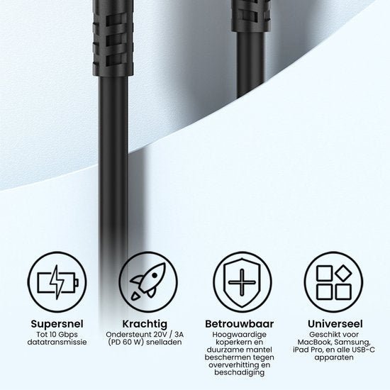 Twee zwarte kabels met iconen die snelle, krachtige, betrouwbare en universele functies tonen