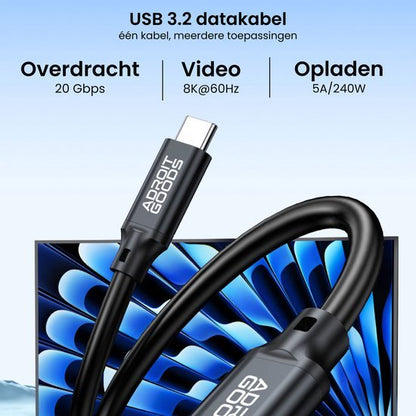 Zwarte USB 3.2-kabel met AdroitGoods-logo en specificaties voor hoge snelheid en opladen
