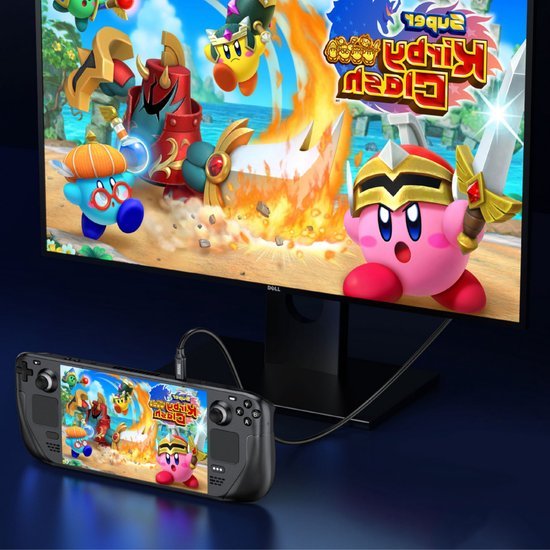 Draadloze gameconsole verbonden met monitor die kleurrijk actiegame toont