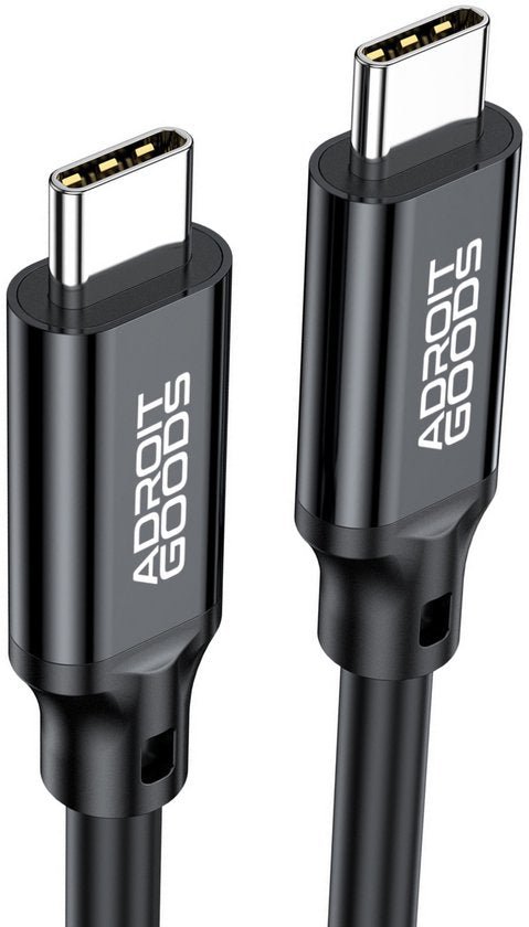 Zwarte USB-C kabel met metalen connectoren en witte AdroitGoods opdruk professionele uitstraling