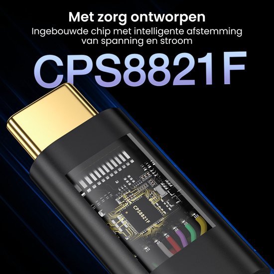 Zwarte USB-C kabel met zichtbaar geïntegreerde chip CPS8821F voor spanning en stroombeheer