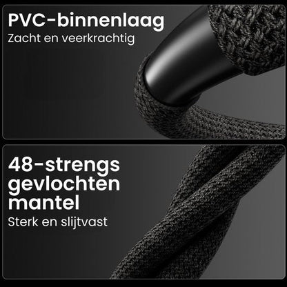 Close-up van een sterke zwarte gevlochten mantel met een zachte en veerkrachtige PVC-binnenlaag