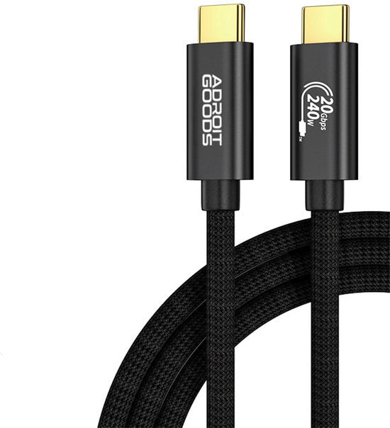 Zwarte gevlochten USB-C-kabel met goudkleurige connectoren en hoge datasnelheid van 20 Gbps