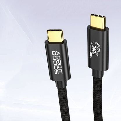 Zwarte gevlochten USB-C naar USB-C kabel met snelheids- en wattageaanduiding en merklogo