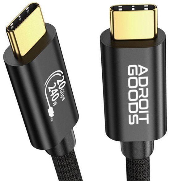 Zwarte USB-C kabel met gouden connectoren en snelle data- en laadcapaciteit 240W 20Gbps AdroitGoods