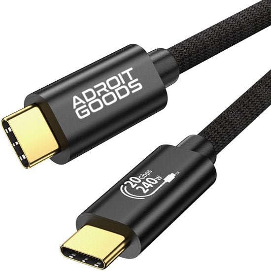 Zwarte geweven USB-C-kabel met goudkleurige connectors en Adroit Goods logo in close-up.
