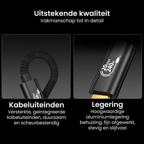 Zwarte kabel met versterkte uiteinden en hoogwaardige aluminiumlegering behuizing.