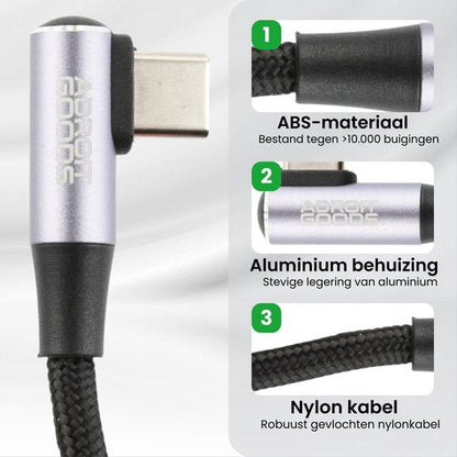 L-vormige USB-C kabel met aluminium behuizing en gevlochten nylon kabel in zwart