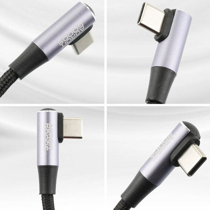 Vier close-up beelden van een usb-c-kabel met een hoekige connector en metalen behuizing