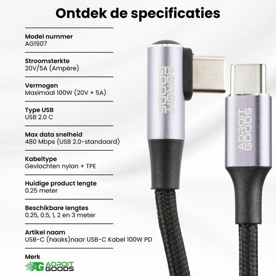 usb-c haakse kabel met gevlochten nylon en tpe voor snel opladen en dataoverdracht