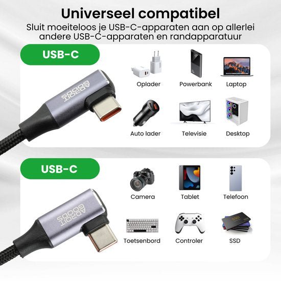 Universeel compatibele USB-C kabel met apparaten zoals laptop, telefoon, tablet en meer verbinden.
