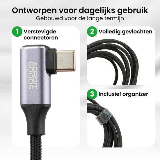 Duurzame zwarte gevlochten kabel met versterkte connector en organizer bandje