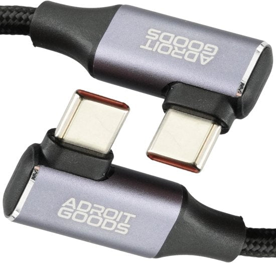 Zwarte gevlochten kabel met twee rechtshoekige USB-C stekkers van Adroit Goods