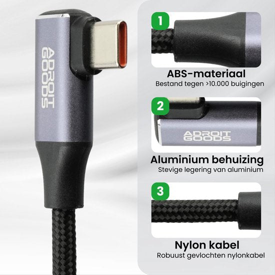 Dichtbijzicht van rechte USB-C kabel met aluminium behuizing en gevlochten nylon kabel