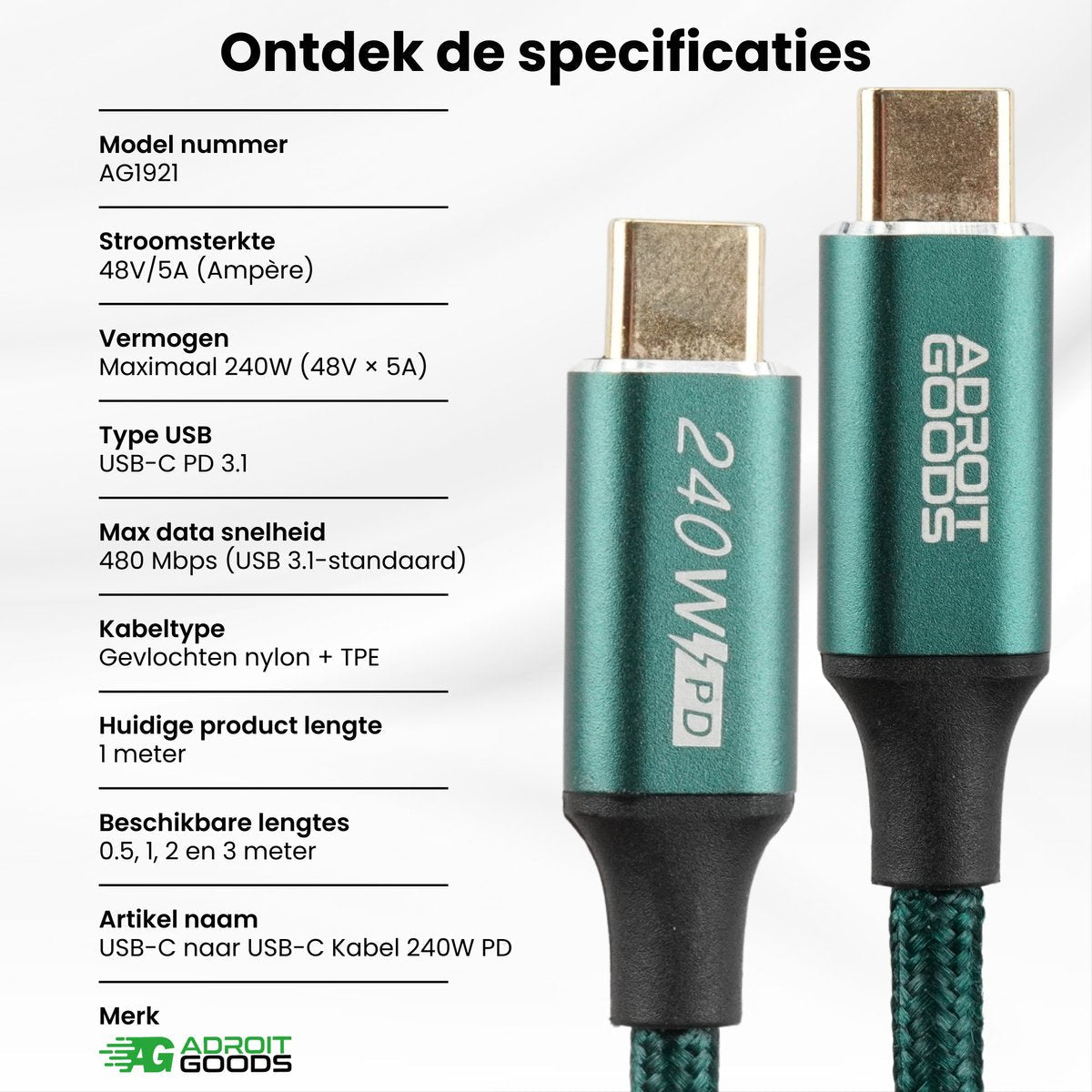 Close-up van een groene USB-C kabel met nylon hoes en 240W PD markering zichtbaar
