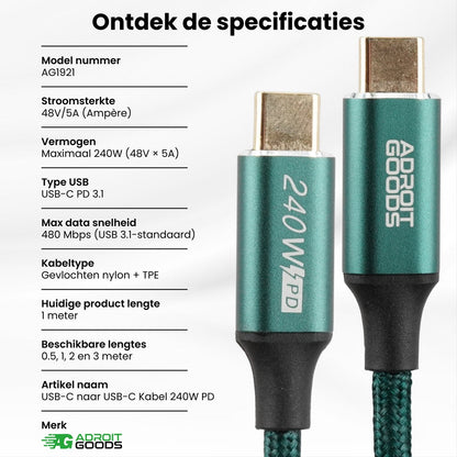 Close-up van een groene USB-C kabel met nylon hoes en 240W PD markering zichtbaar