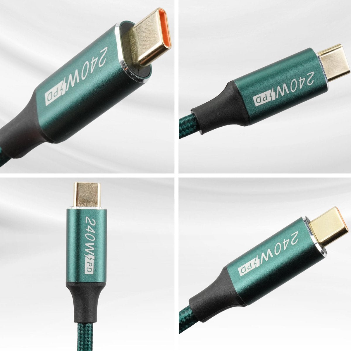 Vier close-upbeelden van een groene USB-C kabel met 240W PD aanduiding en gevlochten kabelmantel