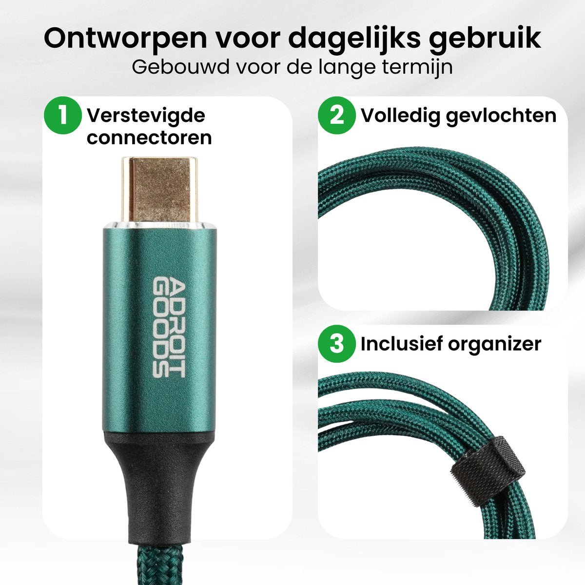 Groene gevlochten kabel met versterkte connectoren en organiser voor dagelijks gebruik