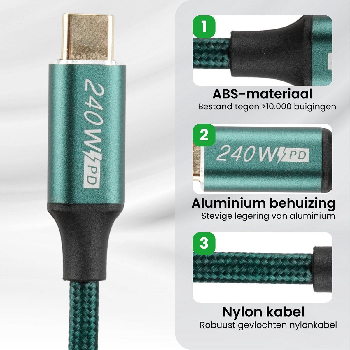 usb-c-kabel met aluminium behuizing, robuust nylon kabel en duurzaam abs-materiaal