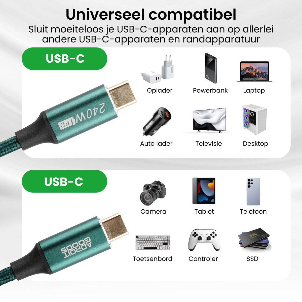 USB-C kabel compatibel met oplader, powerbank, laptop, auto lader, televisie, desktop, camera, tablet, telefoon, toetsenbord, controller en SSD.