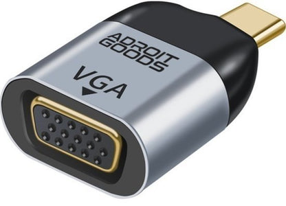 Adapter met USB-C naar VGA aansluiting in zilver en zwart met goudkleurige accenten