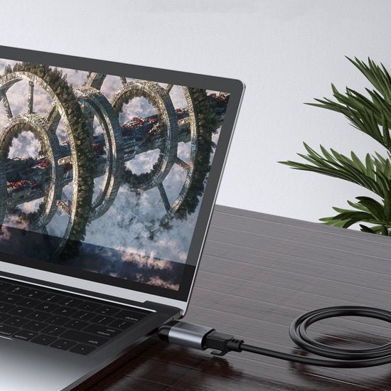 Laptop met fantasy landschap op scherm, zwart aangesloten kabel op houten bureau naast groene plant