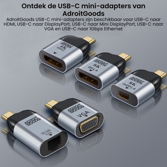 Vijf USB-C mini-adapters van AdroitGoods voor diverse aansluitingen zoals HDMI, VGA en Ethernet zichtbaar