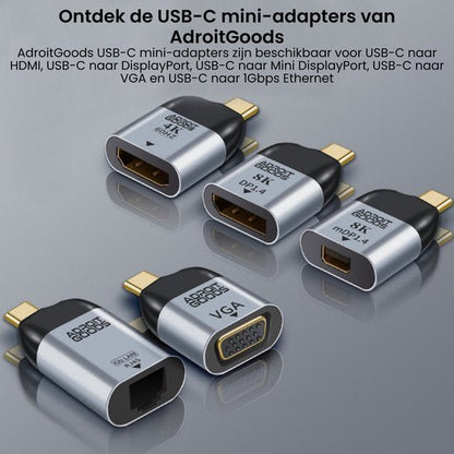 Vijf USB-C mini-adapters van AdroitGoods voor diverse aansluitingen zoals HDMI, VGA en Ethernet zichtbaar