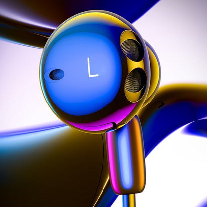 glanzende blauwe en gouden draadloze oordopjes met L-markering op witte achtergrond