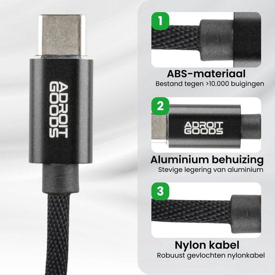 Zwarte USB Type-C kabel met stevige aluminium behuizing en gevlochten nylon kabel