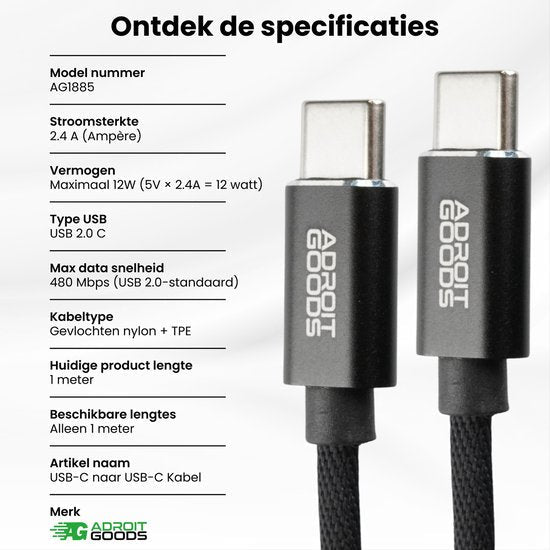 Twee USB-C kabels met gevlochten nylon omhulsel en Adroit Goods logo zichtbaar.