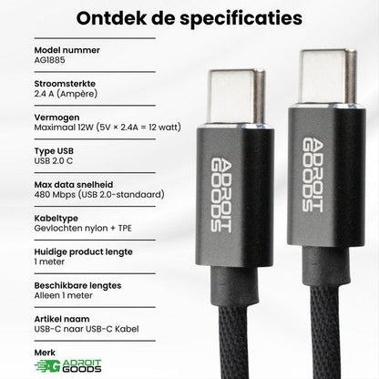 Twee USB-C kabels met gevlochten nylon omhulsel en Adroit Goods logo zichtbaar.