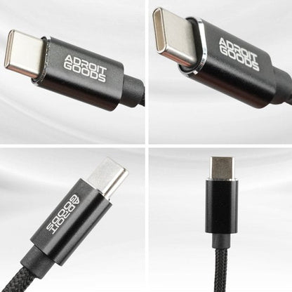 Zwarte USB-C kabel met metalen connectoren en Adroit Goods logo in meerdere close-ups.