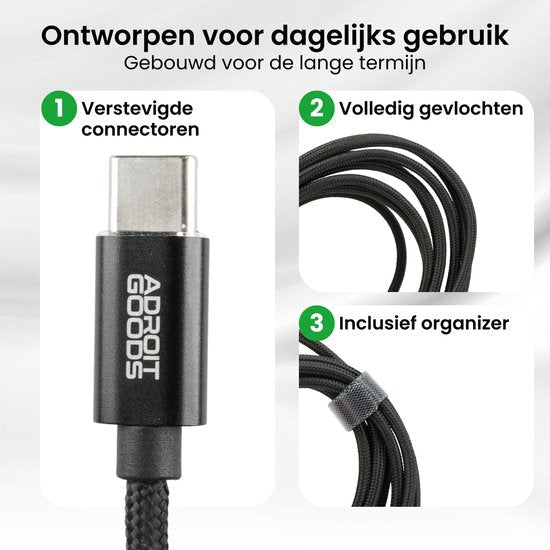 Zwart gevlochten kabel met versterkte connector en georganiseerde kabelbinder voor dagelijks gebruik