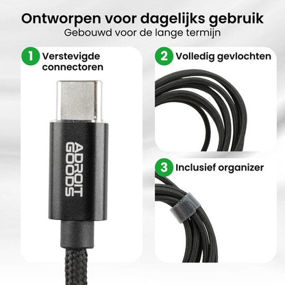 Zwart gevlochten kabel met versterkte connector en georganiseerde kabelbinder voor dagelijks gebruik