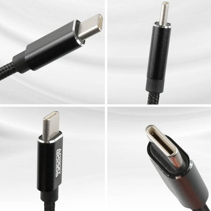 Zwarte kabel met verschillende oplaadconnectoren en metalen behuizing in close-up foto's.