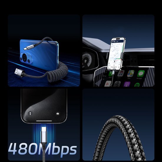 Opgerolde zwarte USB-kabel verbonden met smartphone en bescherming van gevlochten kabelmateriaal