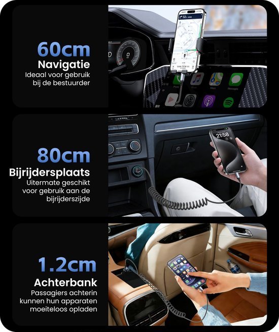 Afbeelding toont verschillende autoladers met kabels voor bestuurders, bijrijders en achterbank gebruikers.