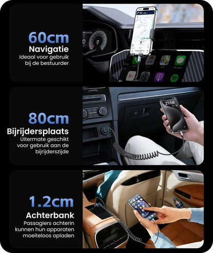 Afbeelding toont verschillende autoladers met kabels voor bestuurders, bijrijders en achterbank gebruikers.