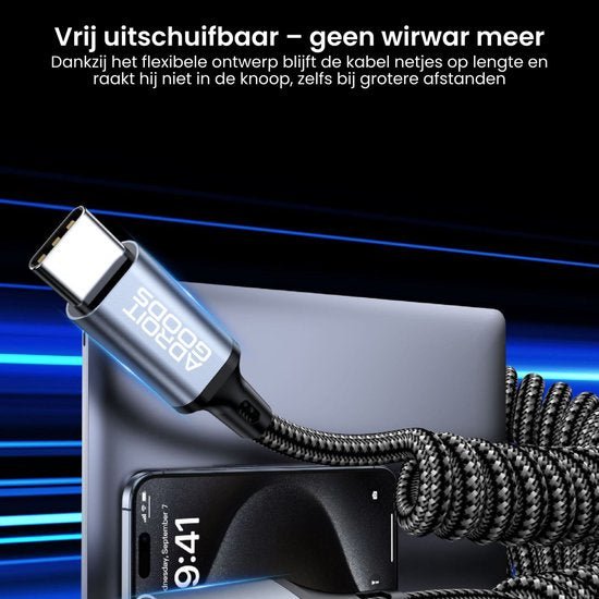 Draadloze oplader met USB-C kabel en oprolbaar design zonder knopen of wirwar