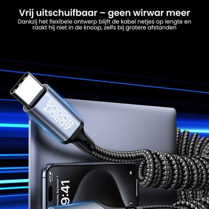 Draadloze oplader met USB-C kabel en oprolbaar design zonder knopen of wirwar