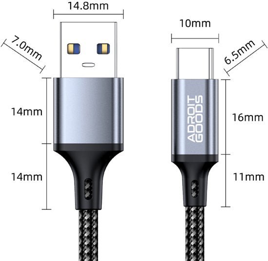 Afbeelding van een grijze datakabel met USB-A en USB-C connectoren en afmetingen vermeld.