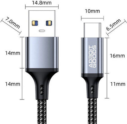 Afbeelding van een grijze datakabel met USB-A en USB-C connectoren en afmetingen vermeld.