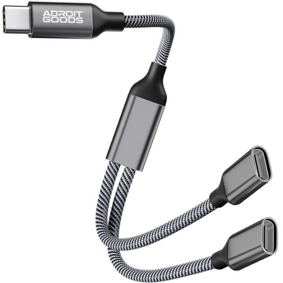 Duurzame gevlochten usb-c splitterkabel met twee uitgangen en merknaam AdroitGoods zichtbaar