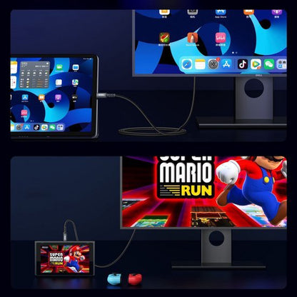 Tablet verbonden met een grote monitor die het scherm en een spel van Super Mario toont